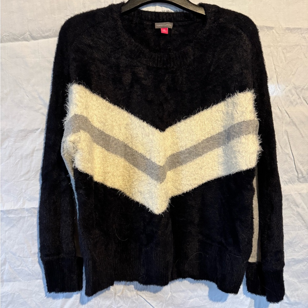 Vince Camuto Black Fuzzy Crew Sweater with Cream & Gray Chevron
